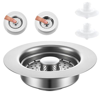 Sink Drain Strainer - Sink Stopper, 3-in-1 Kitchen Stainless Steel Drain Plug with Anti-Clog Basket, Pop-Up Cover