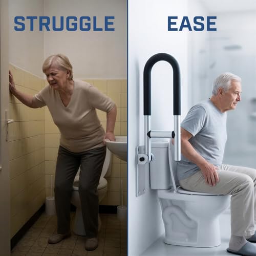 Toilet Safety Rail, 23.6 in Flip Up Foldable Wall Mount Grab Bar, Aluminum Alloy Bathroom Shower Assist Handrail with Anti-Slip Grip, Suitable for Elderly, Handicap, Pregnant & Post-Op Users