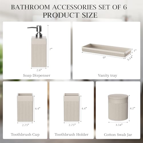 6-Piece Beige Bathroom Set - Sleek Resin Bathroom Accessories Set with Soap Dispenser, Toothbrush Holder, Vanity Tray, Tumbler & Apothecary Jars for Small Spaces - color: Beige