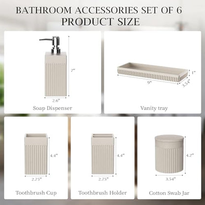 6-Piece Beige Bathroom Set - Sleek Resin Bathroom Accessories Set with Soap Dispenser, Toothbrush Holder, Vanity Tray, Tumbler & Apothecary Jars for Small Spaces - color: Beige