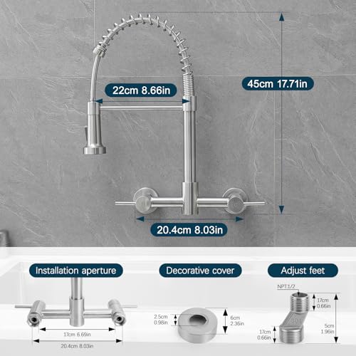 AIMADI Wall Mount Kitchen Faucets, 8-Inch Center | Wall Mount Kitchen Sink Faucet with Pull-Down Sprayer,Modern Stainless Steel Design Double Lever Control - color: Brushed Nickel