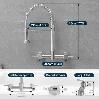 AIMADI Wall Mount Kitchen Faucets, 8-Inch Center | Wall Mount Kitchen Sink Faucet with Pull-Down Sprayer,Modern Stainless Steel Design Double Lever Control - color: Brushed Nickel
