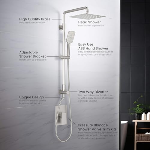 KIBI Cube 2-Function Rain Shower Column, Solid Brass, Brushed Nickel | 10in Rain Head Plus 3-Mode Handheld, Height-Adjustable, Brass Rough-in Valve, Pressure Balance, Wall-Mounted, KSC404 - color: Brushed Nickel