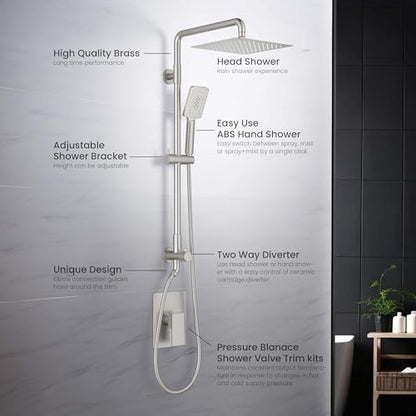 KIBI Cube 2-Function Rain Shower Column, Solid Brass, Brushed Nickel | 10in Rain Head Plus 3-Mode Handheld, Height-Adjustable, Brass Rough-in Valve, Pressure Balance, Wall-Mounted, KSC404 - color: Brushed Nickel