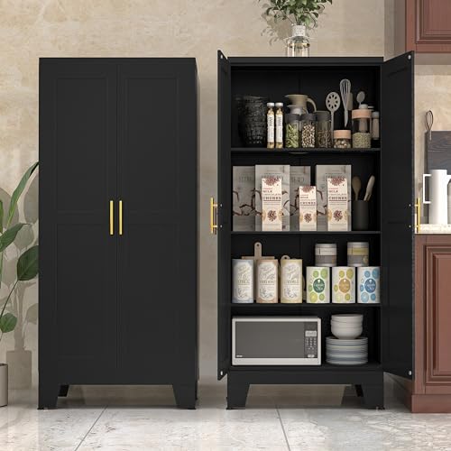 PAOFIN Metal Kitchen Pantry Storage Cabinet | 61" Freestanding Cupboard with 3 Adjustable Shelves for Kitchen, Living Room and Dining Room (Black) - color: Black, size: 61"-3 Adjustable shelves