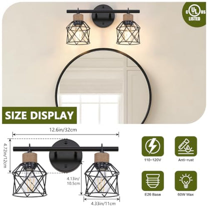 2-Light Farmhouse Bathroom Light Fixtures, Rustic Black Bathroom Lighting Over Mirror with Metal Shade, Modern Coastal Vanity Lights for Mirror Living Room Cabinet Bedroom - size: 2-Light