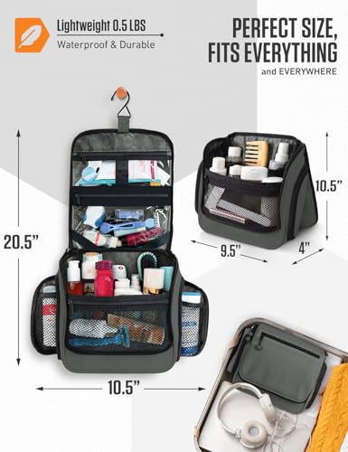 VENTURE 4TH Hanging Travel Toiletry Bag, 18 Compartments - Shadow Gray | Hangs on rails, hooks or doors; stands upright. Removable TSA pouch. Water-resistant Nylon 290D Twill, reinforced stitching. - color: Shadow Gray