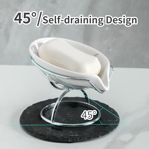 Dobbyby Leaf-Shaped Soap Dish – Premium Ceramic Soap Bar Holder with Self-Drainage System – Bar Soap Holder for Shower, Bathroom Sink, Kitchen – Waterfall Soap Dish with Stainless Steel Stand (SLIVER) - color: Sliver