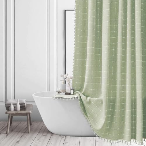 Sage Green Plaid Shower Curtain Farmhouse Checkered Boho Shower Curtains for Bathroom, Rustic Shabby Chic Heavy Duty Bathroom Curtain Set with Tassel -Bohemian Cloth Shower Curtain 71x71 Inch - color: Sage Green, size: 71"W x 71"L (Pack of 1)