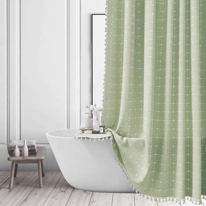 Sage Green Plaid Shower Curtain Farmhouse Checkered Boho Shower Curtains for Bathroom, Rustic Shabby Chic Heavy Duty Bathroom Curtain Set with Tassel -Bohemian Cloth Shower Curtain 71x71 Inch - color: Sage Green, size: 71"W x 71"L (Pack of 1)