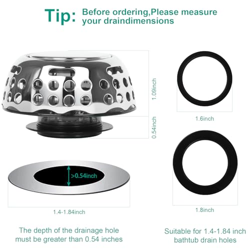 Bathtub Drain Stopper, Pop Up Tub Plug with Hair Catcher, Strainer | 1.5"-1.75" Bathtub Drain Hole, Pop Up Tub Plug, Hair Catcher, Removable Strainer, Bathroom Drain Replacement