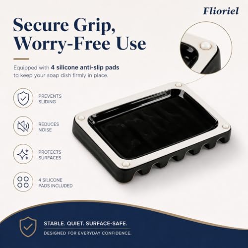 Ceramic Soap Dish Self Draining Soap Holder Bathroom Sink | Black Porcelain Soap Tray Self Draining Keeps Soap Dry Anti Slip Silicone Pads Easy Clean Modern Minimalist Bathroom Shower - color: 02.black