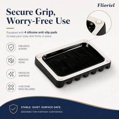 Ceramic Soap Dish Self Draining Soap Holder Bathroom Sink | Black Porcelain Soap Tray Self Draining Keeps Soap Dry Anti Slip Silicone Pads Easy Clean Modern Minimalist Bathroom Shower - color: 02.black