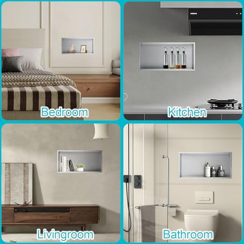 24x12x4 Inch Brushed Nickel Shower Niche, No Tile Needed Recessed Wall Niche for Bathroom Storage, Stainless Steel Shower Shelf Insert Tile Ready, Brushed Nickel Shower Shelves - size: 24x12" - Brushed Nickel