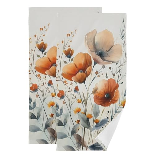 2 Pack Vintage Orange Poppies Hand Towels for Bathroom,Absorbent Fingertip Guest Rustic Poppy Floral Leaves Decorative Bath Towels,Soft Flower Plant Dish Towels for Kitchen Decor 14"x28" - color: Orange