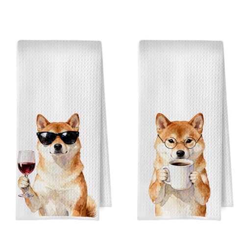 Shiba Inu Kitchen Towels Set - Funny Shiba Inu Gifts Decorative Waffle Dish Towels, Coffee Bar Decor Hand Towel, Home Bar Wine Gifts Tea Towe, 16x24 Inch Set of 2 - color: Shiba Inu