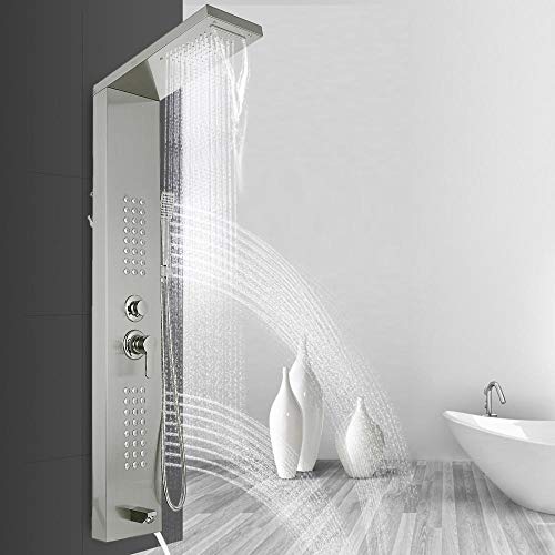 Rainfall Shower Panel Tower Stainless Steel Multi-Function Shower Panel System with Body Massage Jets Tub Resort