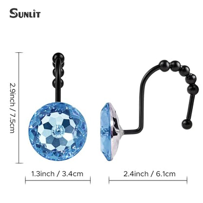 Sunlit Luxury Design Round Blue Diamond Crystal Gem Bling with Glide Balls Shower Curtain Hooks, Rust Proof Metal Rhinestones Glam Shower Curtain Rings with Black Hooks, Set of 12 - color: Blue With Black Hooks