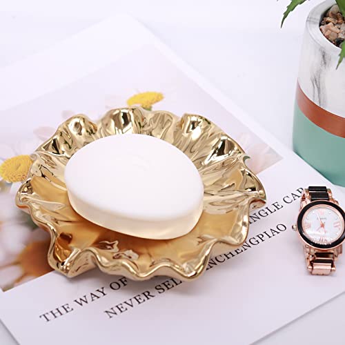 Lotus Leaf Soap Dish Gold Ceramic Soap Holder Self Draining Soap Dish Waterfall Slot Sponge Holder Bathroom Accessories for Bathroom, Kitchen,Bar Counter. - color: Gold