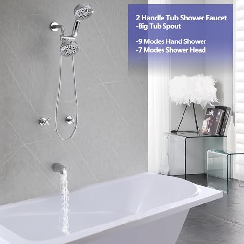 2 Handle Shower Faucet Set Tub Spout Chrome Shower Trim Kit Valve | 9 Modes Hand Shower, 7 Modes Shower Head, Dual Head Work independently /Work Together, Brass Valve, NPT 1/2" US Connection - color: Chrome, style: Style B
