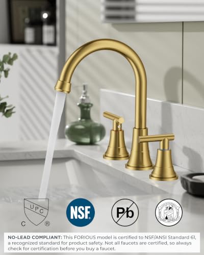 FORIOUS Gold Bathroom facuet 3 Hole, 8 Inch Wide Gold Vanity Faucet 3 Holes | 8 Inch Widespread Bathroom Faucet 3 hole Vanity and 4 Inch Bathroom Faucet Centerset 2 Hole for B2B Commercial, Spare Aerator - color: Brushed Gold, style: Modern