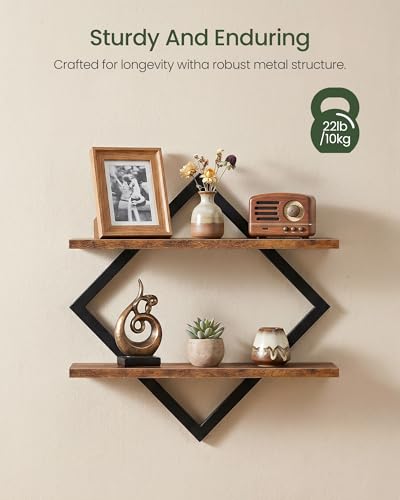 CHOEZON Floating Shelves, Set of 2 Wall Shelves, 2-Tier Hanging Shelves, Wall Shelf Set of 2, Wall Mounted Shelves, for Living Room, Bedroom, Kitchen, Office, Study, Rustic Brown TBJ01P2BF - color: Rustic Brown + Black