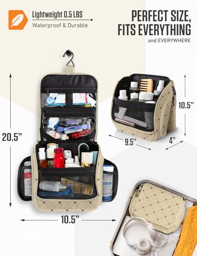 VENTURE 4TH Hanging Travel Toiletry Bag, 17 Compartments - Beige Diamonds | Hangs on rails, hooks or doors; stands upright too. Removable TSA pouch. Water-resistant 900D Nylon, reinforced stitching. - color: Beige Diamond