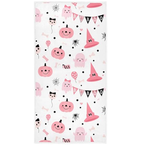 Pfrewn Cute Pink Halloween Hand Bath Towels Soft Absorbent Cute Pink Ghosts Pumpkin Bathroom Guest Towel Hanging Kitchen Dish Towel for Fall Autumn Decor 16x30 in - color: Multi2