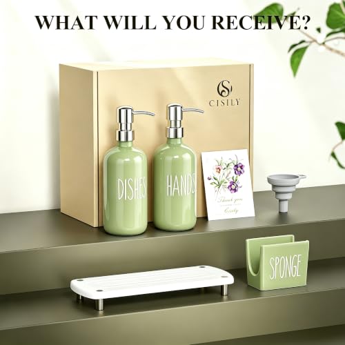 Cisily Olive Green Kitchen Soap Dispenser Set with Ceramics Sponge Holder | Stainless Steel Silver Pumps, and Instant Dry Tray, Hand and Dish Soap Dispenser Set, Kitchen Sink Olive Green Decor - color: Olive Green+ Silver+ Sponge Holder