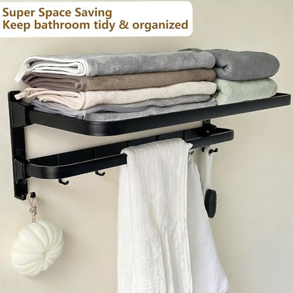 24in Towel Racks Shelf for Bathroom Wall Mounted Organizer for Hotel,Black | Double Space Saving Foldable Rustproof Painted Aluminum L-Shape Modern - size: 1 Tier