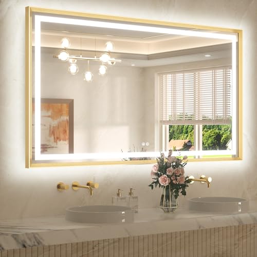 60 x 36 Large Bathroom Mirror Brushed Gold Metal Frame Frontlit & Backlit Vanity Mirror 3 Colors White/Warm/Natural Stepless Dimmable Anti-Fog Bathroom Mirrors for Vanity Wall-Mounted - color: Brushed Gold, size: 36"L x 60"W