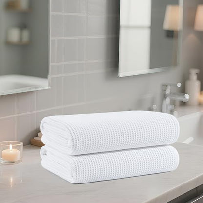 POLYTE 380 GSM Poly Blend Microfiber Quick Dry Waffle Bath Towel, 30x60 in | 2 Pack, Oversize, Lint Free, Body Towel - color: White
