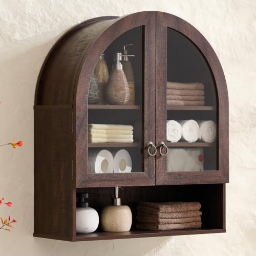 IFGET Bathroom Arched Wall Cabinet, 23.6'' Wide Medicine Cabinet with Adjustable Shelves & Glass Doors, Over The Toilet Storage Wall Mount Cabinet for Laundry Room, Kitchen & Living Room, Dark Walnut - color: Dark Walnut