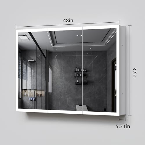 48x32" Wall-Mounted LED Bathroom Medicine Cabinet with Outlets, Anti-Fog | Surface-Mount/Recessed, Double-Sided Mirror Cabinet, 3 Color Temp, DTC Silent-Close Hinges, Adjustable Tempered Glass Shelf - size: 48"Wx32"H