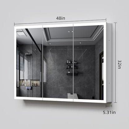 48x32" Wall-Mounted LED Bathroom Medicine Cabinet with Outlets, Anti-Fog | Surface-Mount/Recessed, Double-Sided Mirror Cabinet, 3 Color Temp, DTC Silent-Close Hinges, Adjustable Tempered Glass Shelf - size: 48"Wx32"H
