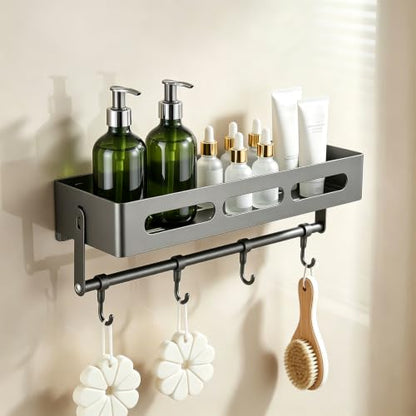 Carbon Steel Shower Caddy and Gray Shower Shelf Storage Rack | Adhesive Stick-On No-Drilling with Towel Bar&Hooks, Removable, Inside Shower, also works as Shower Organizer, Bathroom Shelf