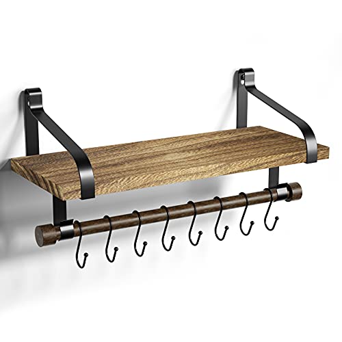 Love-KANKEI 17.3"Floating Wall Shelf Solid Wood,Coffee Bar Carbonized Black | Spice Rack,Towel Bar/8 Hooks,40 Lbs/shelf,Easy to Install,For Kitchen,Bathroom,Living Room,Bedroom,Office,Entryway Display - color: Carbonized Black