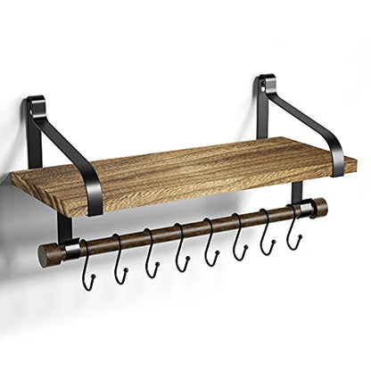 Love-KANKEI 17.3"Floating Wall Shelf Solid Wood,Coffee Bar Carbonized Black | Spice Rack,Towel Bar/8 Hooks,40 Lbs/shelf,Easy to Install,For Kitchen,Bathroom,Living Room,Bedroom,Office,Entryway Display - color: Carbonized Black