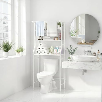 UDEAR 3-Tier Over The Toilet Rack,with Hanging Rod,Tower Shelf,White | Toilet Towel Rack, Three-layer Iron Plate, Suitable for Bathrooms - color: White