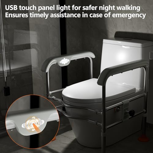 SPECILITE Toilet Safety Rails for Seniors (665lbs) with Emergency Alert | Heavy Duty Adjustable Frame with LED Light & Call Bell, Stable Stand-Up Support Fits Most Toilets for Disabled & Pregnant - size: Toilet Rails - Bell