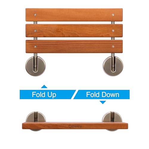 20" Luxury Teak Folding Shower Seat, Sturdy 400lb Capacity, Space-Saving Fold Down/Up Shower Bench Wall Mount, Easy Install, Brushed Nickel Fitting