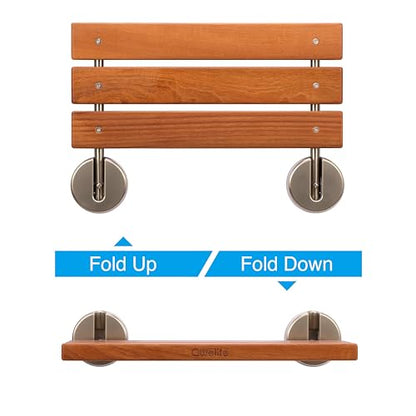 20" Luxury Teak Folding Shower Seat, Sturdy 400lb Capacity, Space-Saving Fold Down/Up Shower Bench Wall Mount, Easy Install, Brushed Nickel Fitting