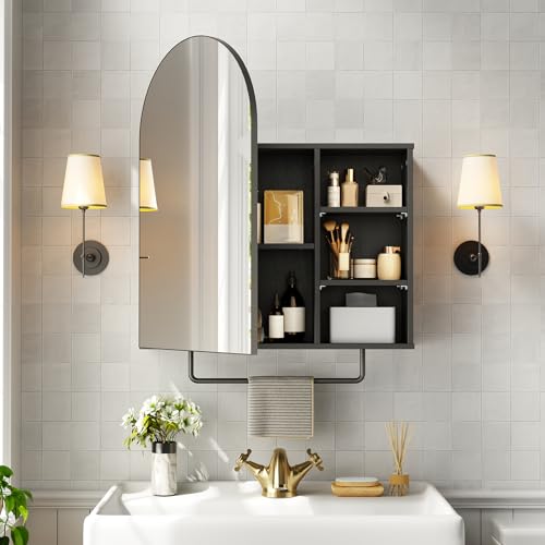 Arched Bathroom Medicine Cabinet Mirror with Storage, Modern Arch Mirrored Cabinets, Wall-Mounted Vanity with 2 Adjustable Shelves & Towel Bar, Not Recessed, Black - color: Black