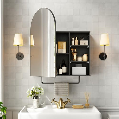 Arched Bathroom Medicine Cabinet Mirror with Storage, Modern Arch Mirrored Cabinets, Wall-Mounted Vanity with 2 Adjustable Shelves & Towel Bar, Not Recessed, Black - color: Black