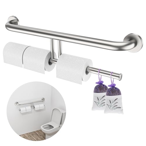Brushed Nickel Grab Bar with Double Toilet Paper Roll Holder | Safety Toilet Bars 24 Inch, Stainless Steel Handicap Support Bar, Wall Mounted Bathroom Grab Rail for Senior Elderly Injured - color: toilet paper grab bar - brushed nickel, size: 24 Inch