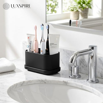 Luxspire Toothbrush Holders for Bathrooms, Silicone, 5 Slots, Black | Toothbrush Organizer with Suction Cup Tray, Toothbrush Holder with Drainage for Bathroom Countertop - color: Black