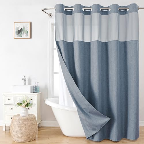 eachope No Hook Fabric Shower Curtain with Snap-in Liner,71x86 Blue Grey | Extra Long,Linen Texture,230GSM Thick Fabric,Mesh Window,Bottom Magnetic,Waterproof & Machine Washable,for Bathroom,Hotel Use - color: Blue Grey, size: 71"W x 86"L (Pack of 1)