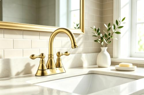 Brushed Gold 4 Inch Centerset Bathroom Sink Faucet 3 Hole with Pop up Drain | Derengge High Arc Classic 2-Handle Bathroom Faucet, Vanity Lavatory Faucet with 360° Swivel Spout，F-4501-CS - color: Brushed Gold