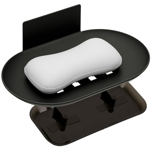 Wall Mounted Soap Dish with Drain, No Drilling Adhesive Aluminum Soap Holder for Shower Bathroom, Rustproof Detachable Tray, Sponge Saver & Organizer Rack (Dark Grey)