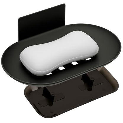 Wall Mounted Soap Dish with Drain, No Drilling Adhesive Aluminum Soap Holder for Shower Bathroom, Rustproof Detachable Tray, Sponge Saver & Organizer Rack (Dark Grey)
